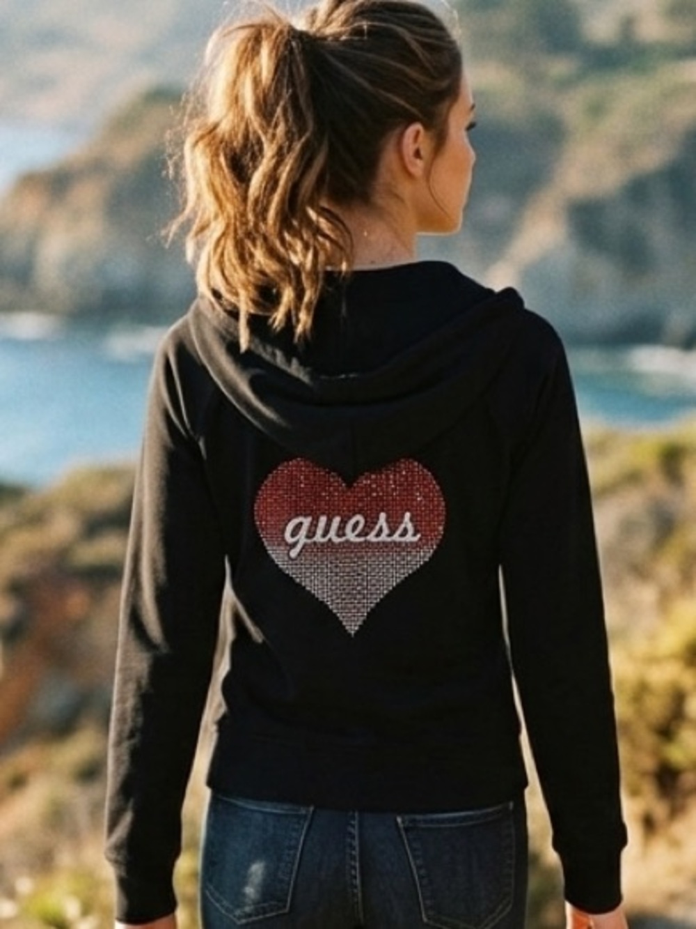 Y2K Guess Sz XL Studded Heart Black Logo Hoodie Zip Sweatshirt